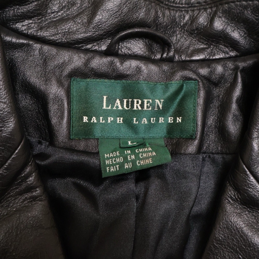 Vintage Lauren Ralph Lauren Black Leather Coat Jacket Womens L Trench Car Coat View 3